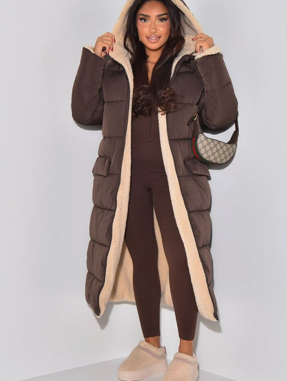 Women's Reversible Quilted Longline Hooded Puffer Coat - Brown
