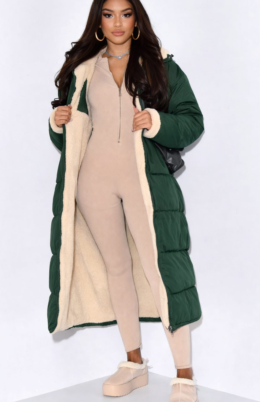 Women's Reversible Quilted Longline Hooded Puffer Coat - Green