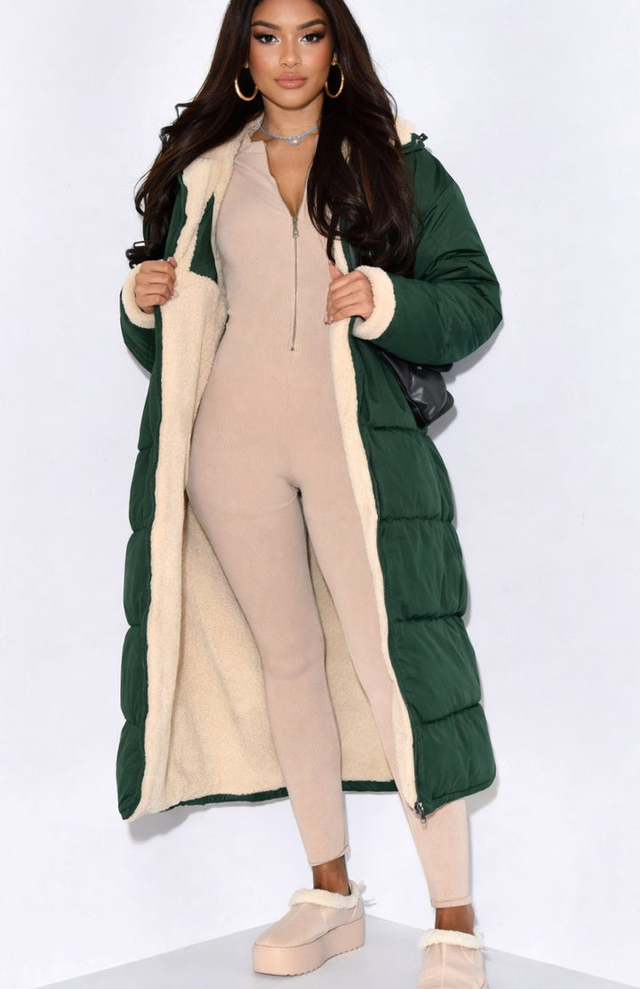 Women's Reversible Quilted Longline Hooded Puffer Coat - Green