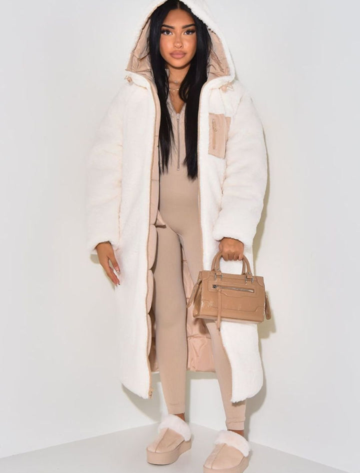 Women's Reversible Quilted Longline Hooded Puffer Coat - White