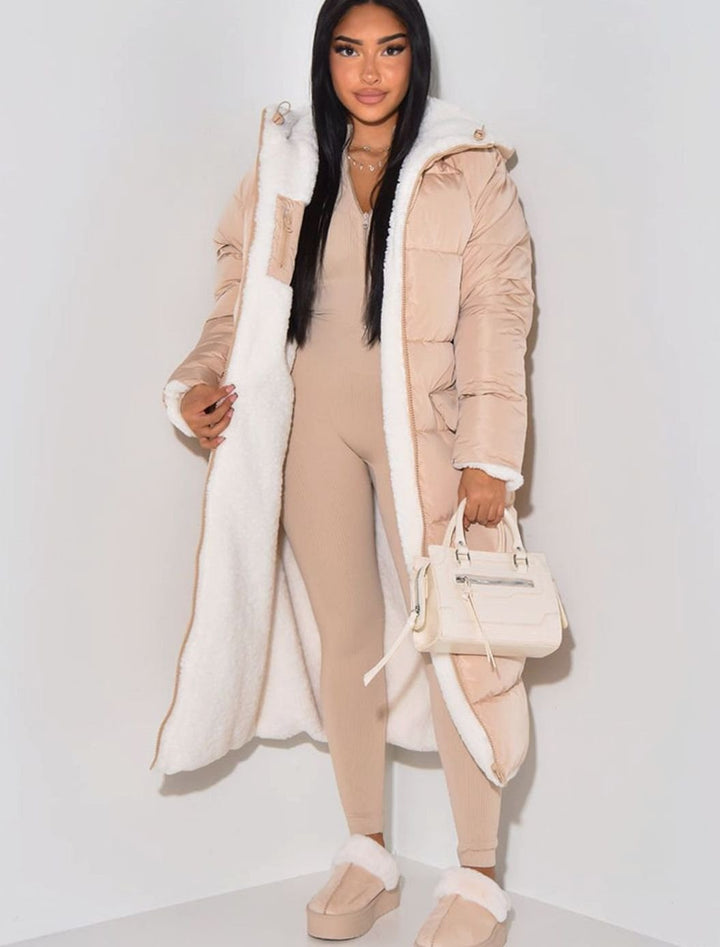 Women's Reversible Quilted Longline Hooded Puffer Coat - Beige