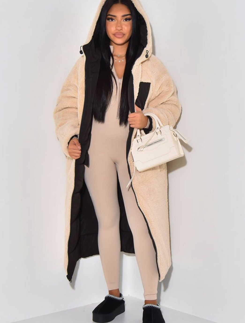 Women's Reversible Quilted Longline Hooded Puffer Coat
