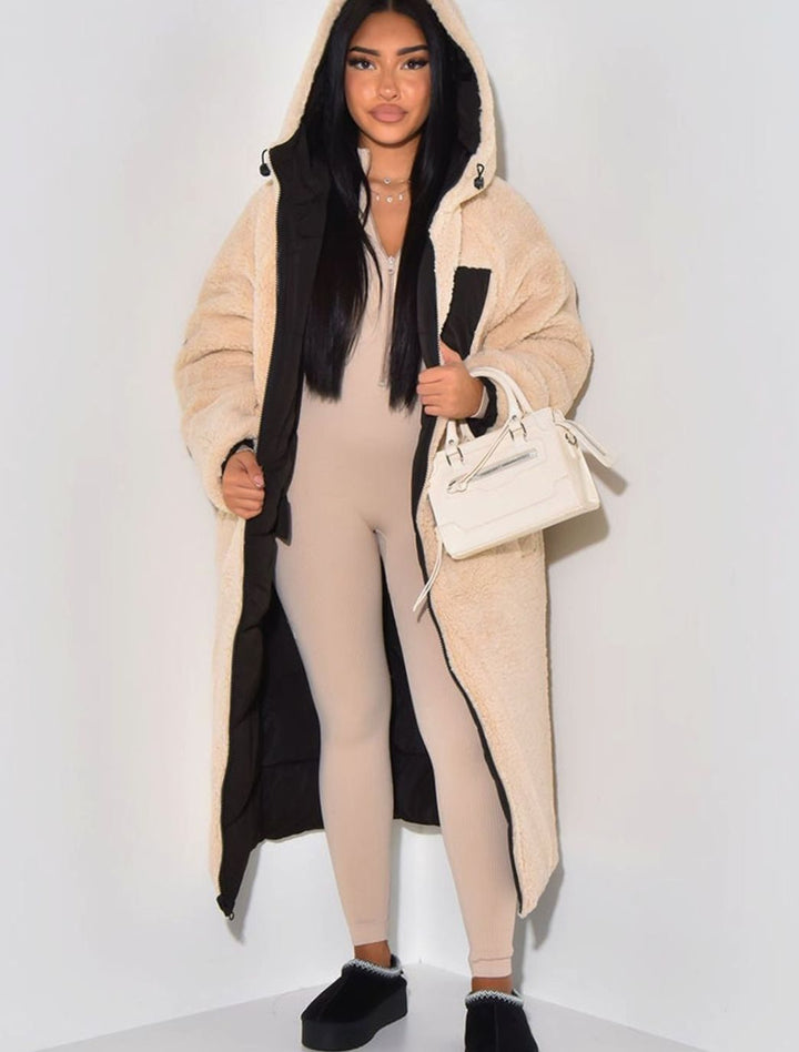 Women's Reversible Quilted Longline Hooded Puffer Coat