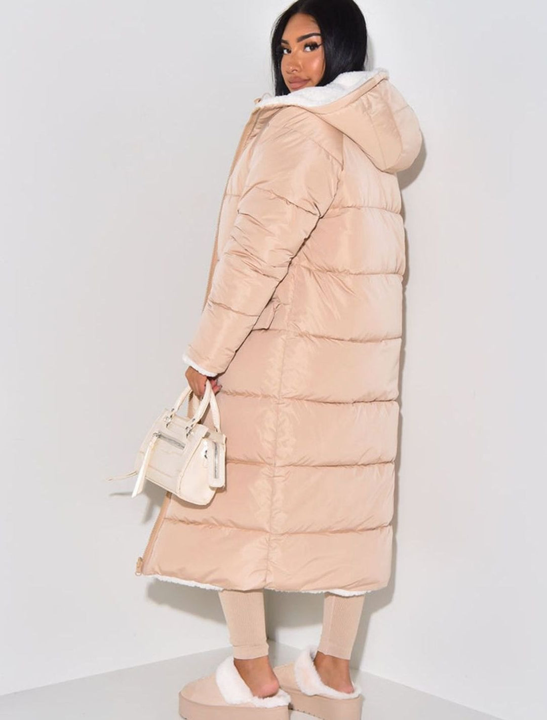 Women's Reversible Quilted Longline Hooded Puffer Coat
