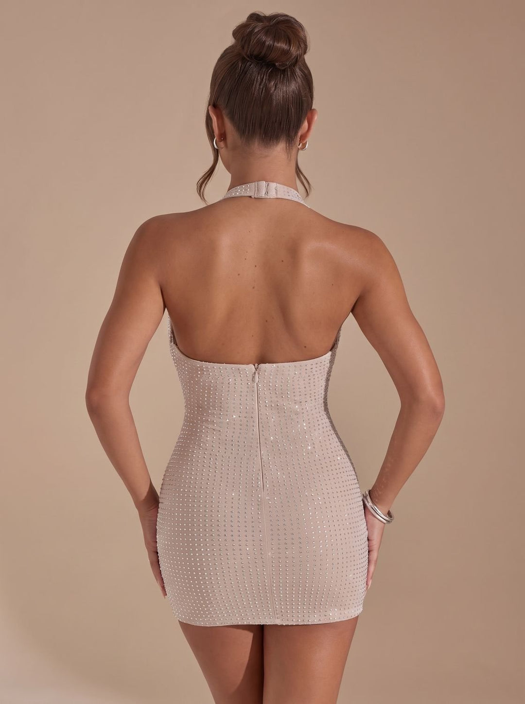 Women's Rhinestone Cowl-Neck Halter Backless Christmas Party Mini Dress