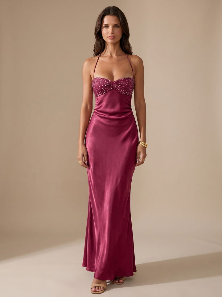 Women's Rhinestone-Embellished Halter-Neck Satin Maxi Dress - Violet