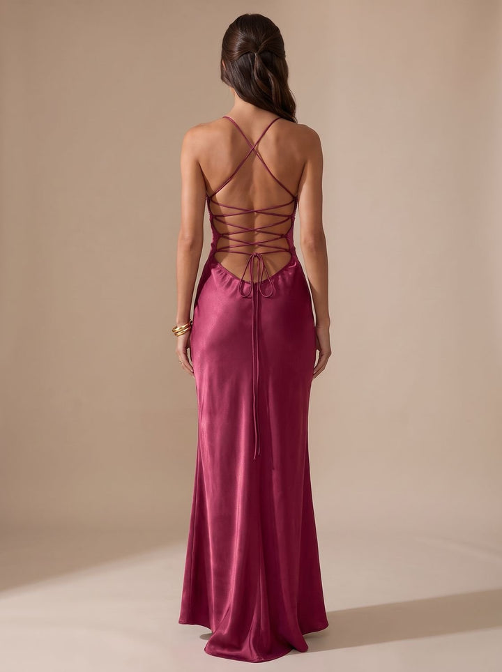 Women's Rhinestone-Embellished Halter-Neck Satin Maxi Dress