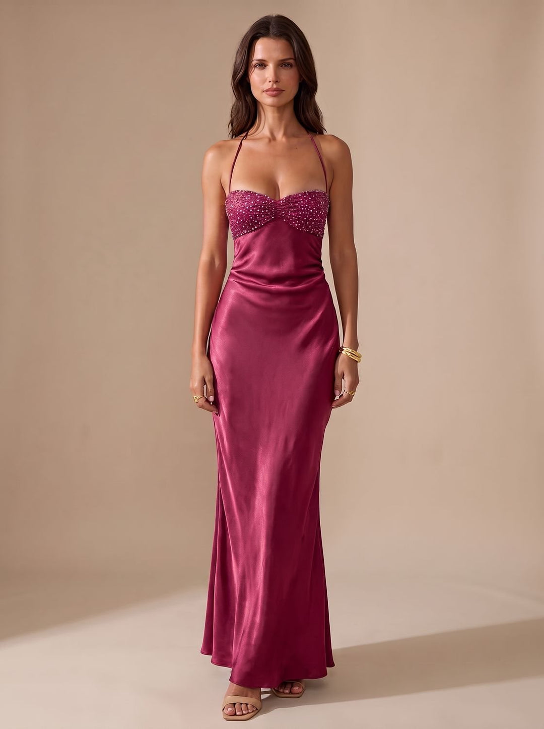 Women's Rhinestone-Embellished Halter-Neck Satin Maxi Dress