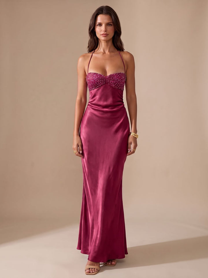 Women's Rhinestone-Embellished Halter-Neck Satin Maxi Dress
