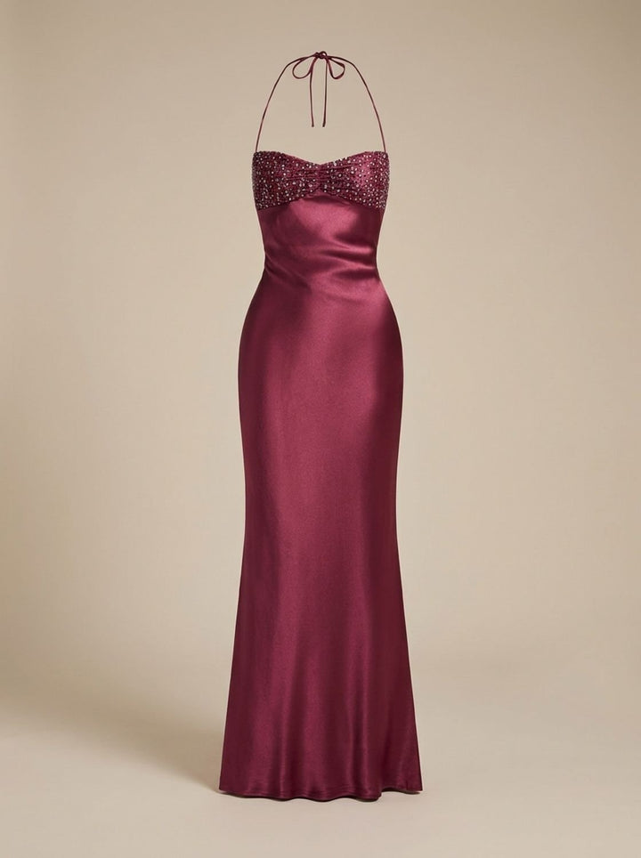 Women's Rhinestone-Embellished Halter-Neck Satin Maxi Dress