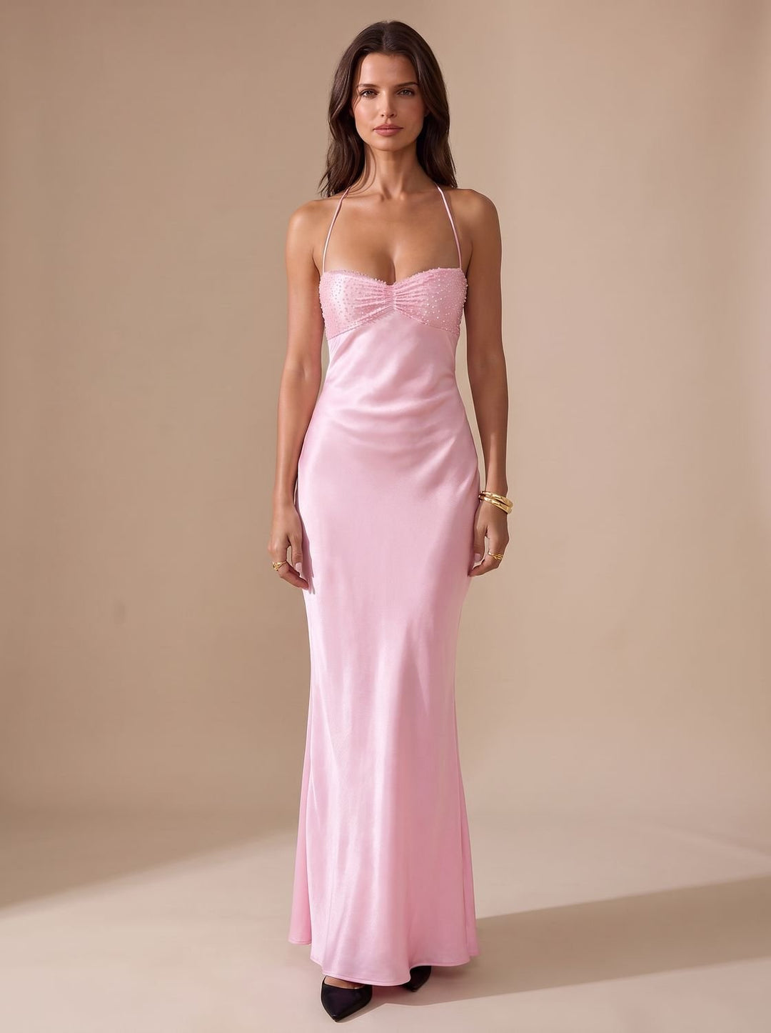 Women's Rhinestone-Embellished Halter-Neck Satin Maxi Dress - Light Pink Rose
