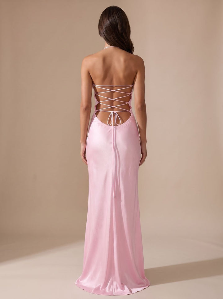 Women's Rhinestone-Embellished Halter-Neck Satin Maxi Dress