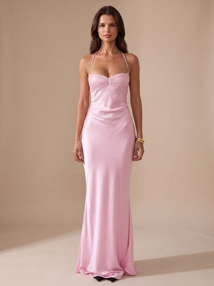 Women's Rhinestone-Embellished Halter-Neck Satin Maxi Dress