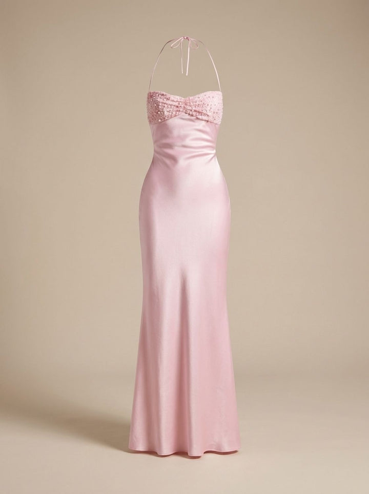 Women's Rhinestone-Embellished Halter-Neck Satin Maxi Dress