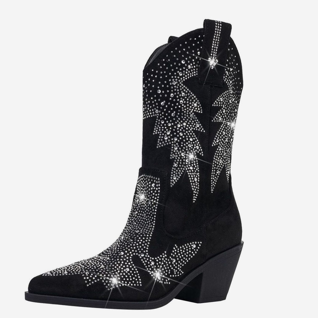 Women's Rhinestone Mid-Calf Cowboy Boots Pointed Toe Block Heel