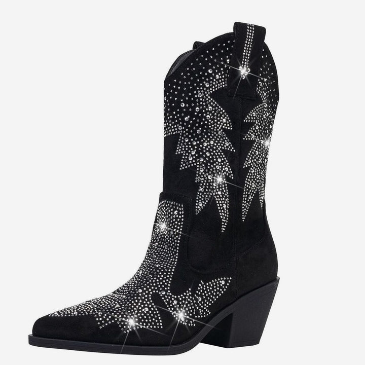 Women's Rhinestone Mid-Calf Cowboy Boots Pointed Toe Block Heel