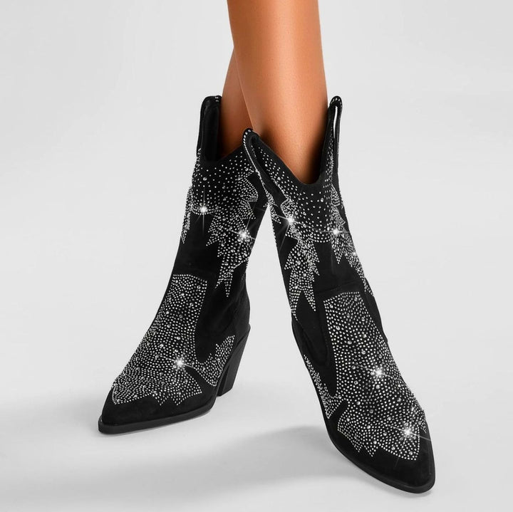 Women's Rhinestone Mid-Calf Cowboy Boots Pointed Toe Block Heel