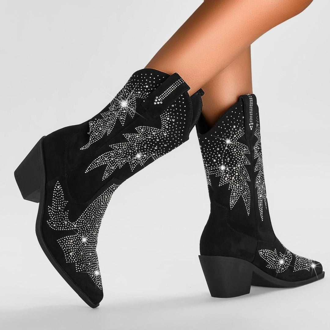 Women's Rhinestone Mid-Calf Cowboy Boots Pointed Toe Block Heel