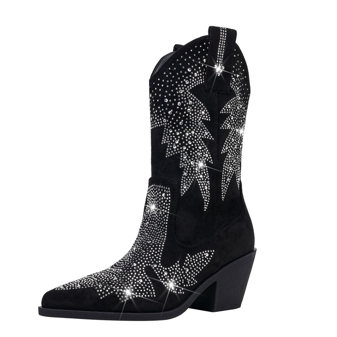 Women's Rhinestone Mid-Calf Cowboy Boots Pointed Toe Block Heel