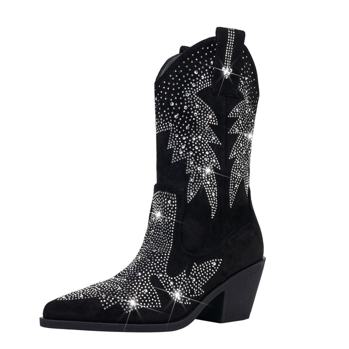 Women's Rhinestone Mid-Calf Cowboy Boots Pointed Toe Block Heel