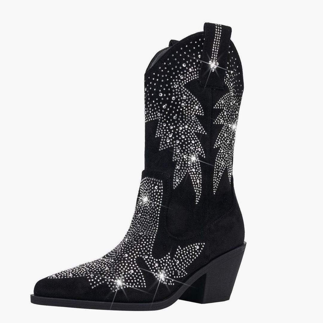 Women's Rhinestone Mid-Calf Cowboy Boots Pointed Toe Block Heel - Black