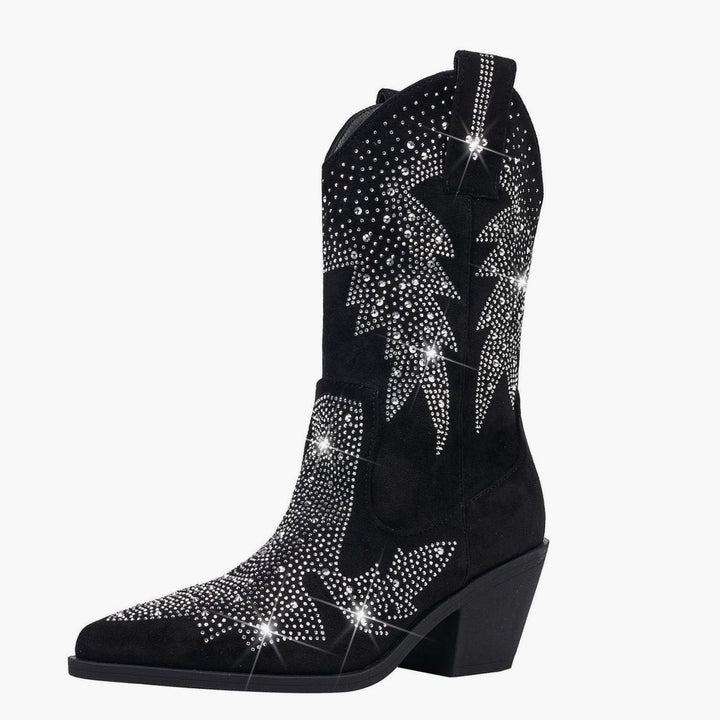 Women's Rhinestone Mid-Calf Cowboy Boots Pointed Toe Block Heel - Black