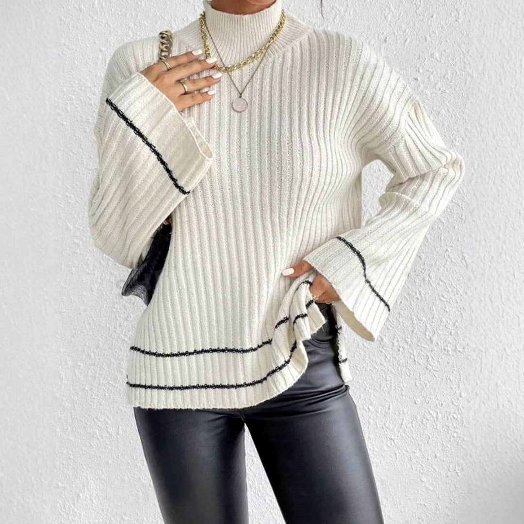 Women's Rib Knit Turtleneck Sweater Bell Sleeve Striped Trim