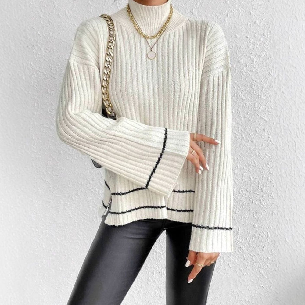 Women's Rib Knit Turtleneck Sweater Bell Sleeve Striped Trim