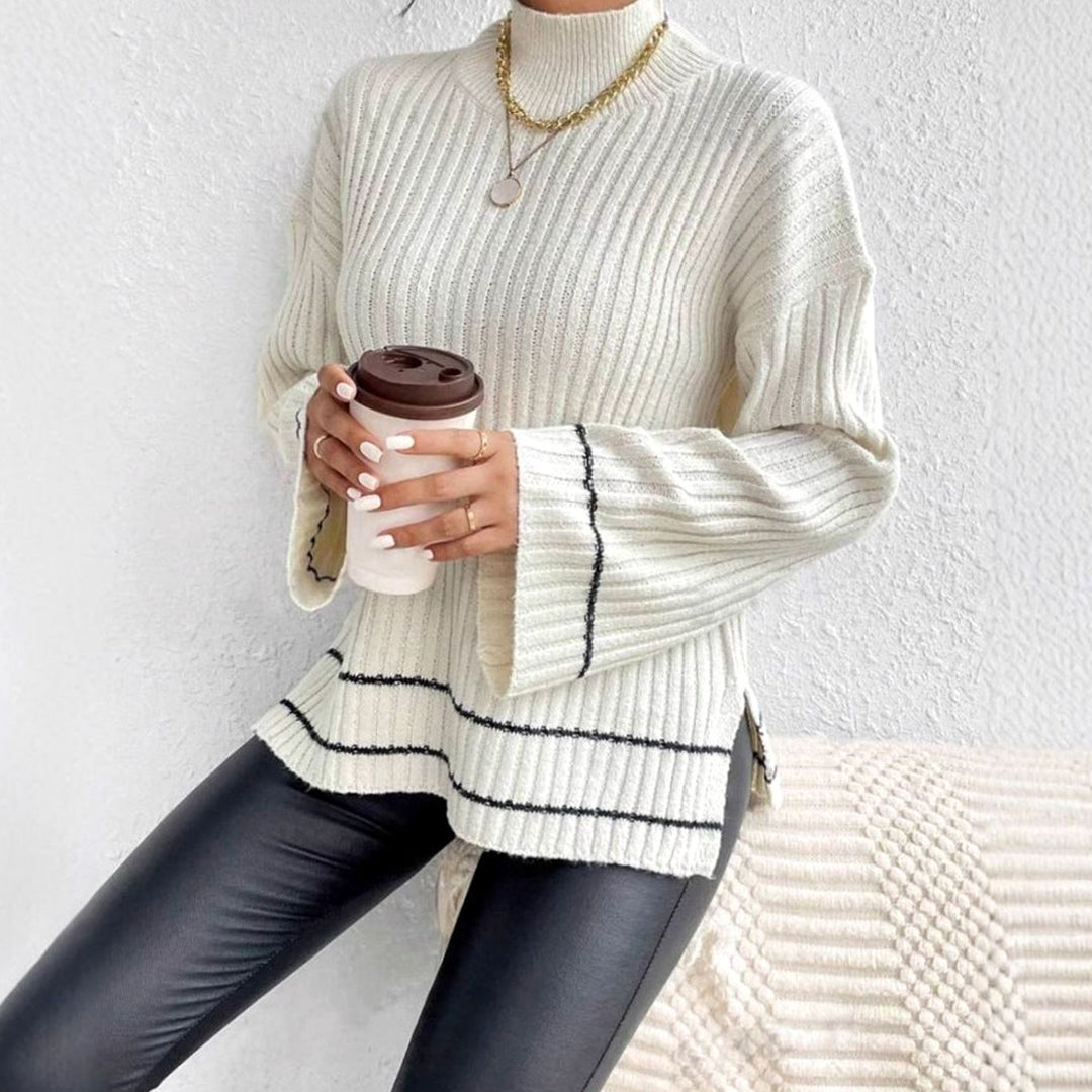 Women's Rib Knit Turtleneck Sweater Bell Sleeve Striped Trim
