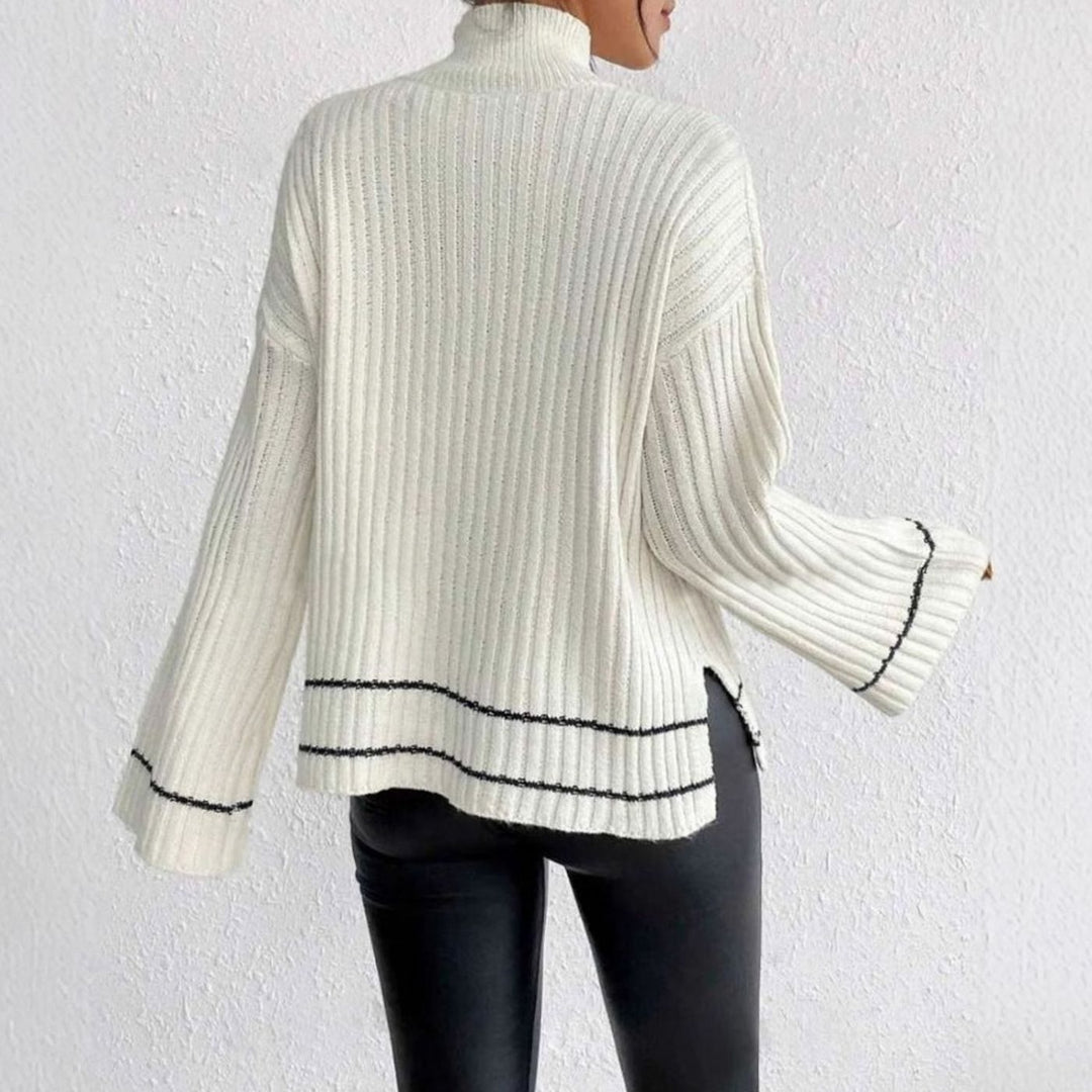 Women's Rib Knit Turtleneck Sweater Bell Sleeve Striped Trim