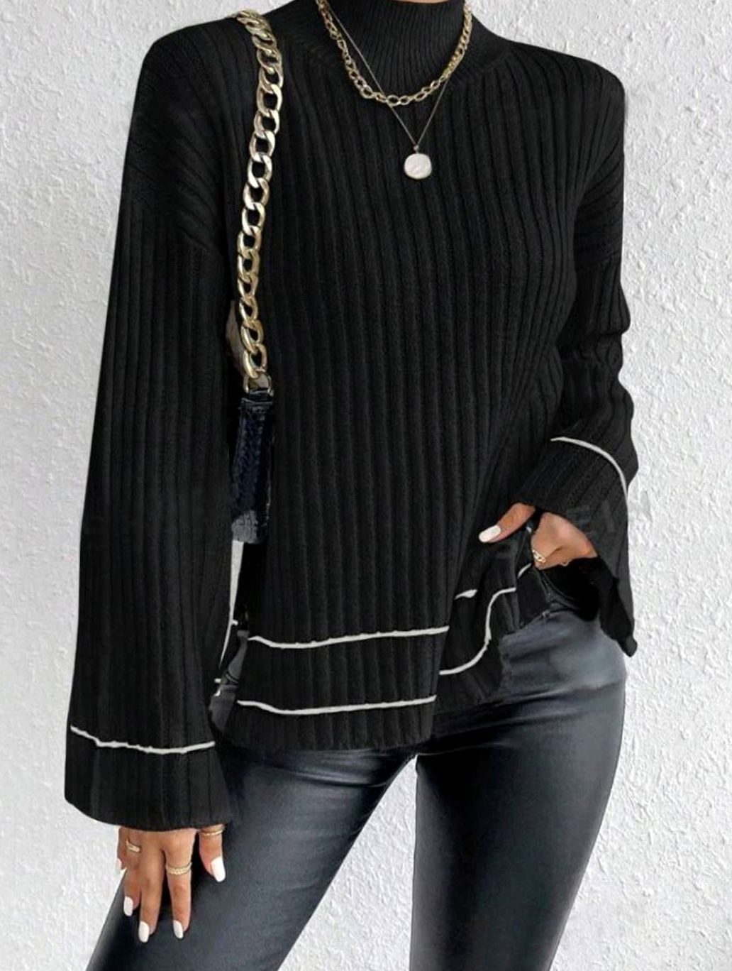 Women's Rib Knit Turtleneck Sweater Bell Sleeve Striped Trim - Black