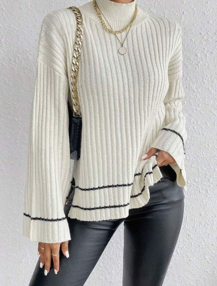 Women's Rib Knit Turtleneck Sweater Bell Sleeve Striped Trim - White