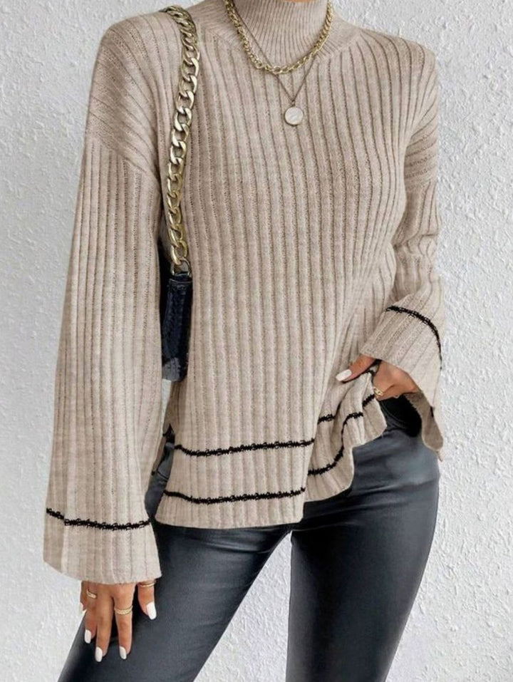 Women's Rib Knit Turtleneck Sweater Bell Sleeve Striped Trim - Apricot