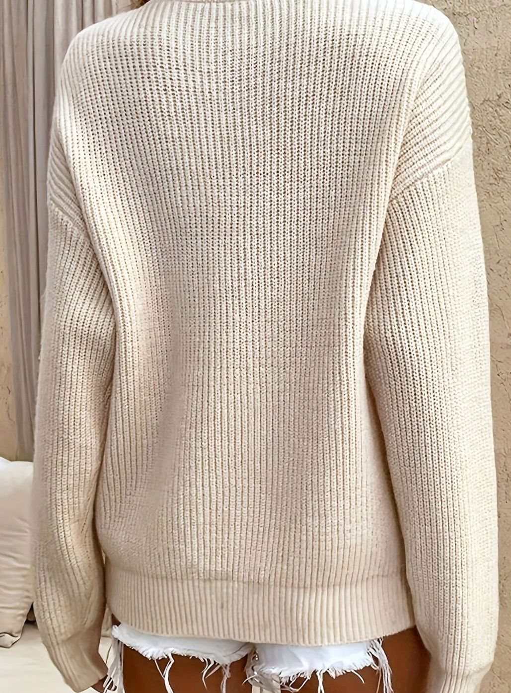 Women's Ribbed Henley Button-Neck Relaxed Pullover Sweater