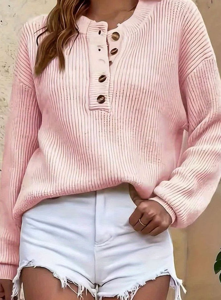 Women's Ribbed Henley Button-Neck Relaxed Pullover Sweater