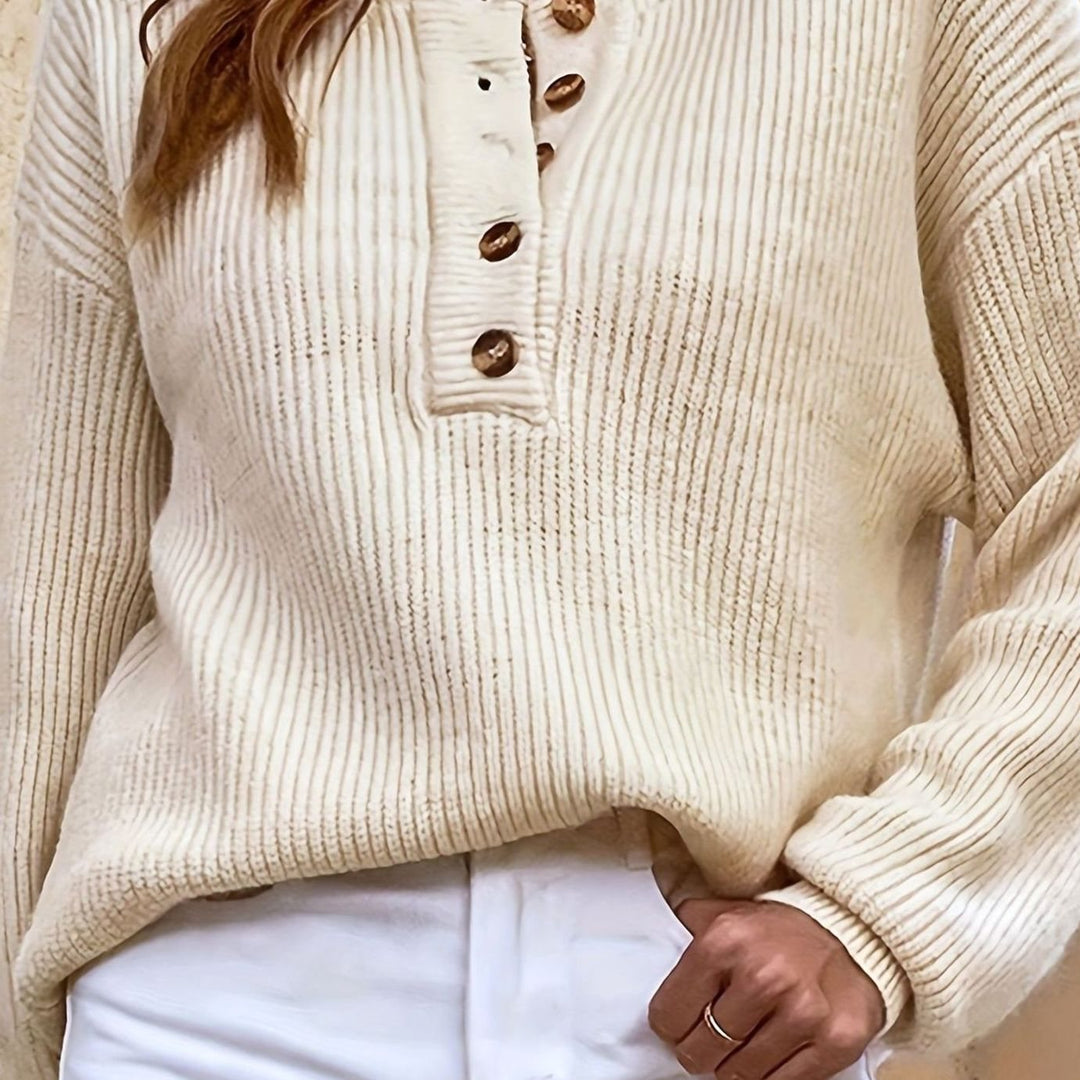 Women's Ribbed Henley Button-Neck Relaxed Pullover Sweater - Beige