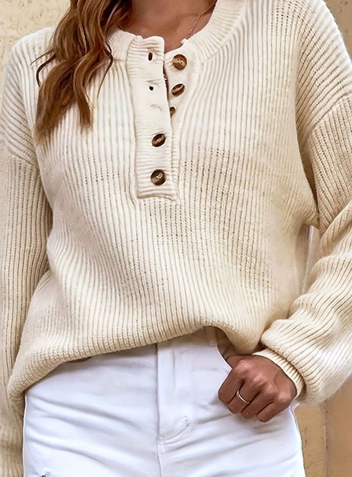 Women's Ribbed Henley Button-Neck Relaxed Pullover Sweater