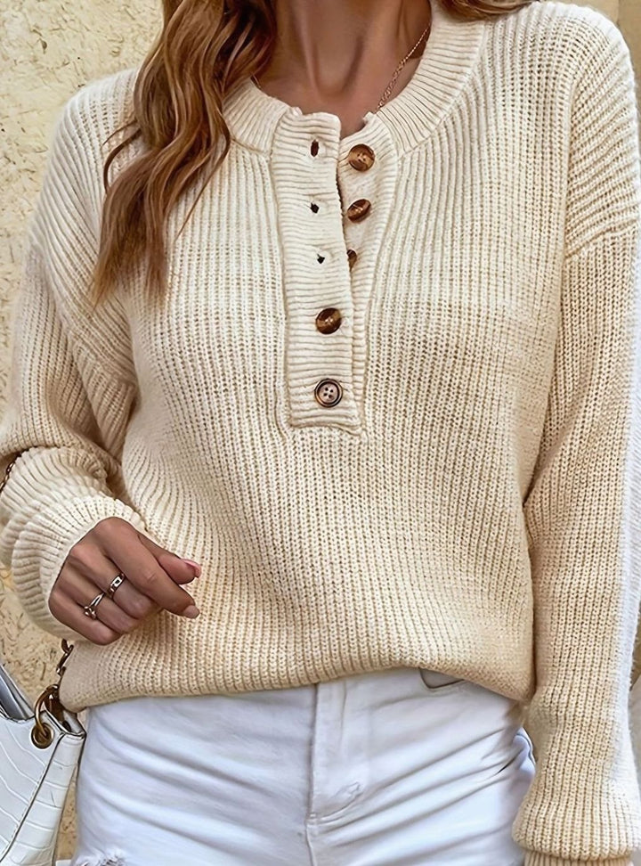 Women's Ribbed Henley Button-Neck Relaxed Pullover Sweater