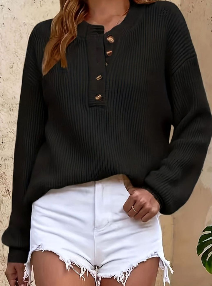 Women's Ribbed Henley Button-Neck Relaxed Pullover Sweater