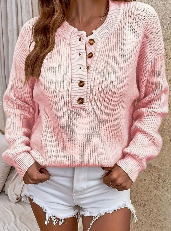 Women's Ribbed Henley Button-Neck Relaxed Pullover Sweater
