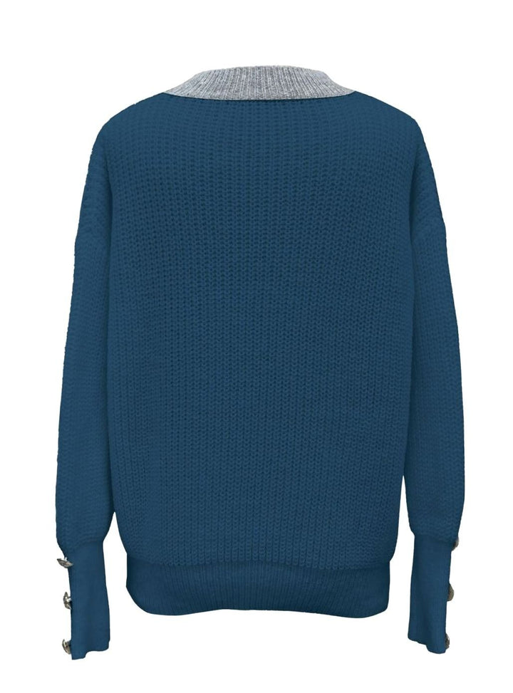 Women's Ribbed Knit Button-Trim V-Neck Pullover Sweater