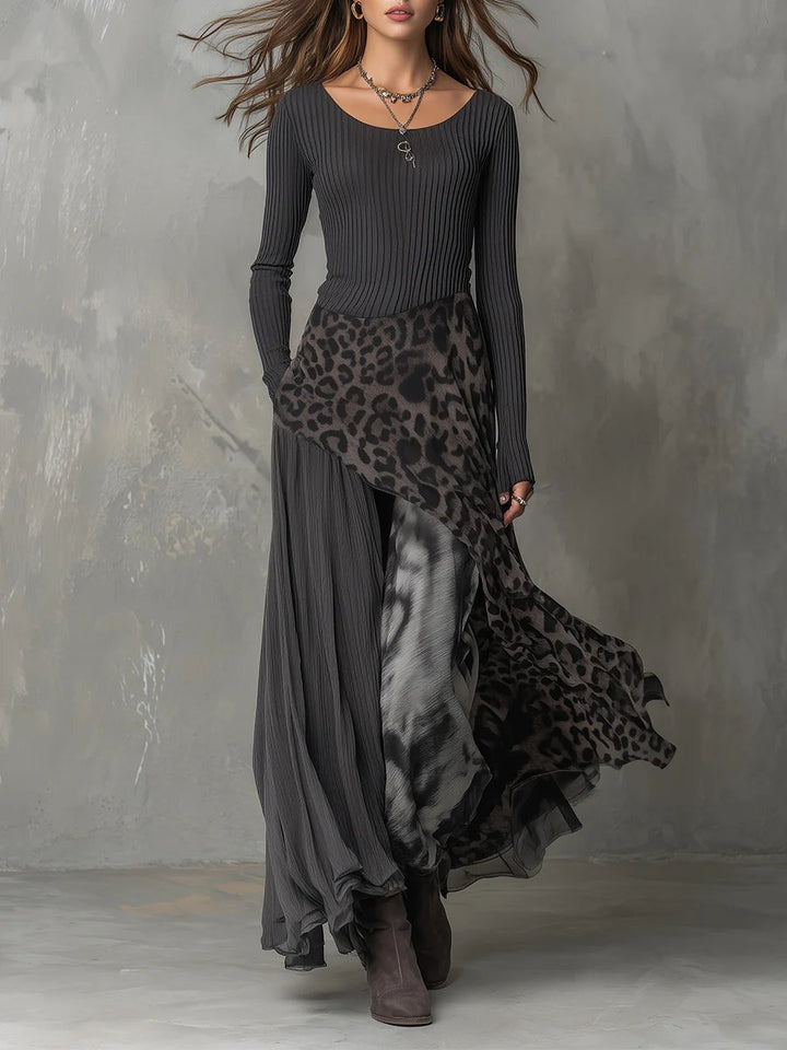 Women's Ribbed Knit Leopard Print Flowy Maxi Long Sleeve Dress - Gray