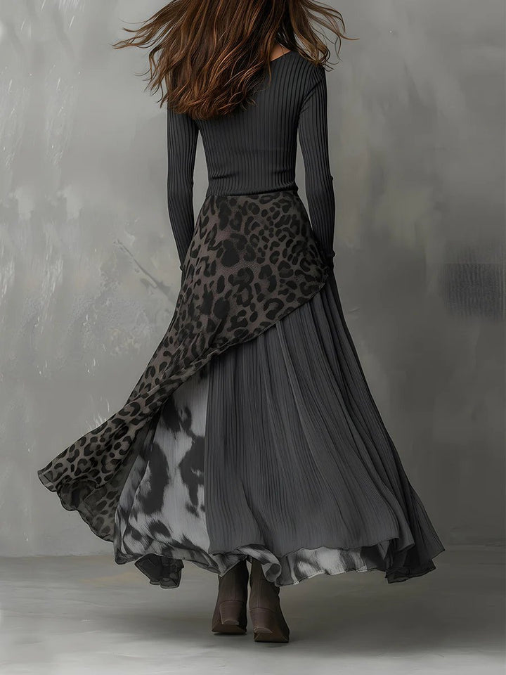 Women's Ribbed Knit Leopard Print Flowy Maxi Long Sleeve Dress