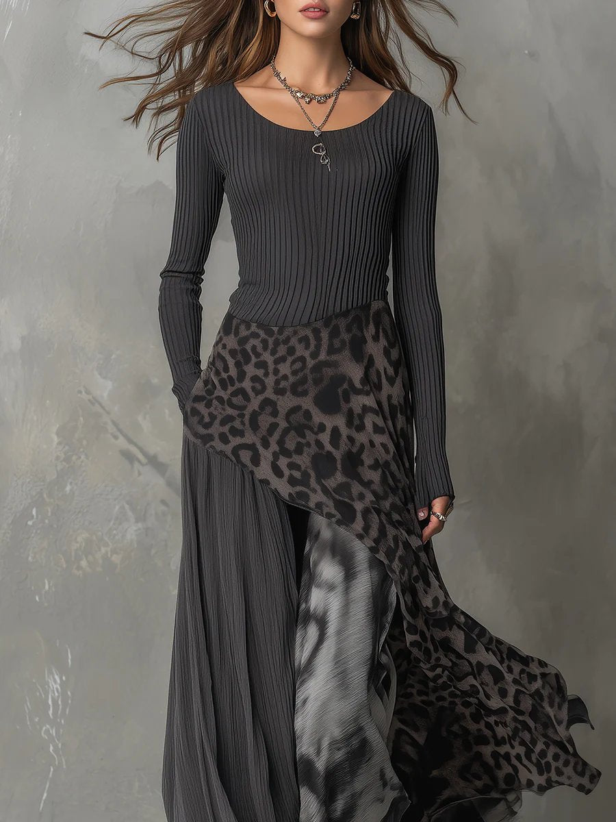 Women's Ribbed Knit Leopard Print Flowy Maxi Long Sleeve Dress