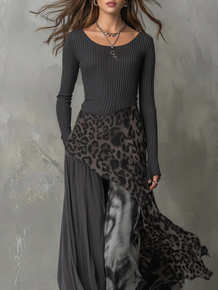 Women's Ribbed Knit Leopard Print Flowy Maxi Long Sleeve Dress
