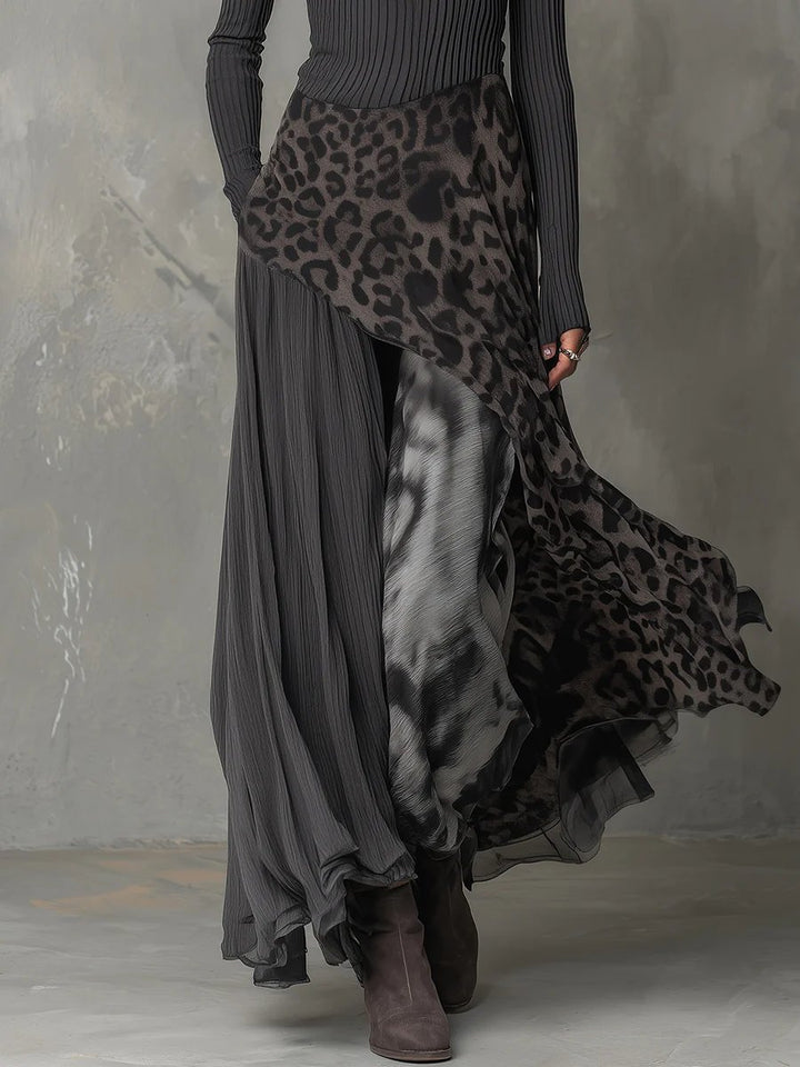 Women's Ribbed Knit Leopard Print Flowy Maxi Long Sleeve Dress