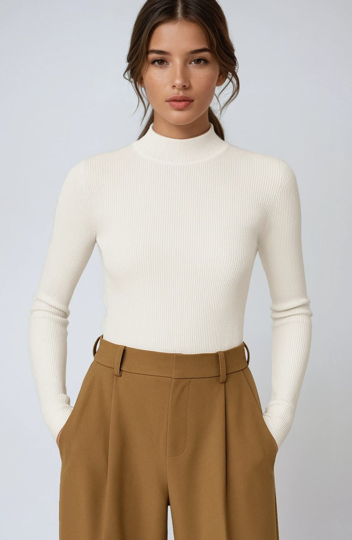 Women's Ribbed Mock-Neck Long-Sleeve Turtleneck Sweater Top - White