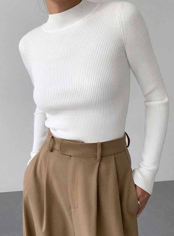 Women's Ribbed Mock-Neck Long-Sleeve Turtleneck Sweater Top