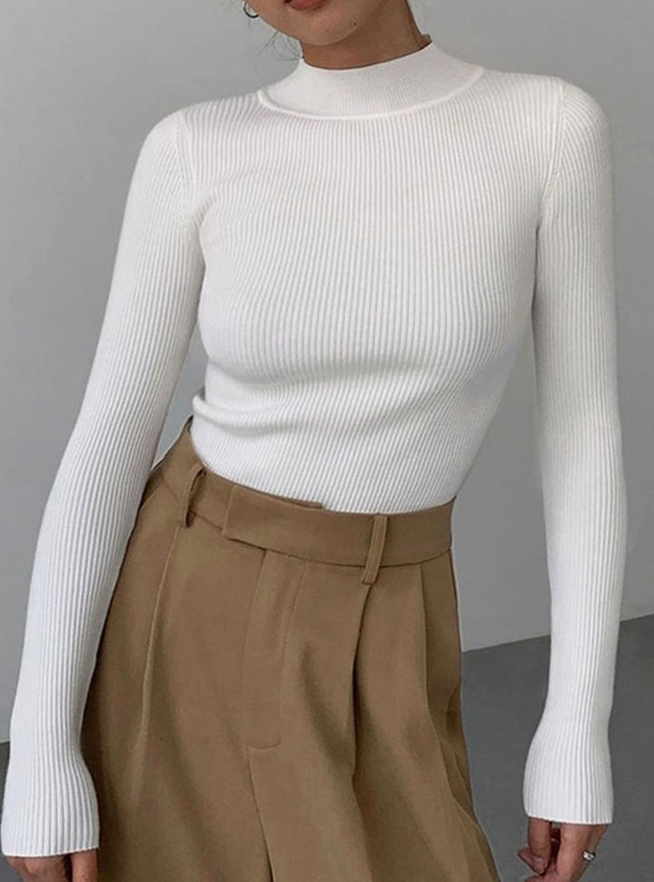 Women's Ribbed Mock-Neck Long-Sleeve Turtleneck Sweater Top