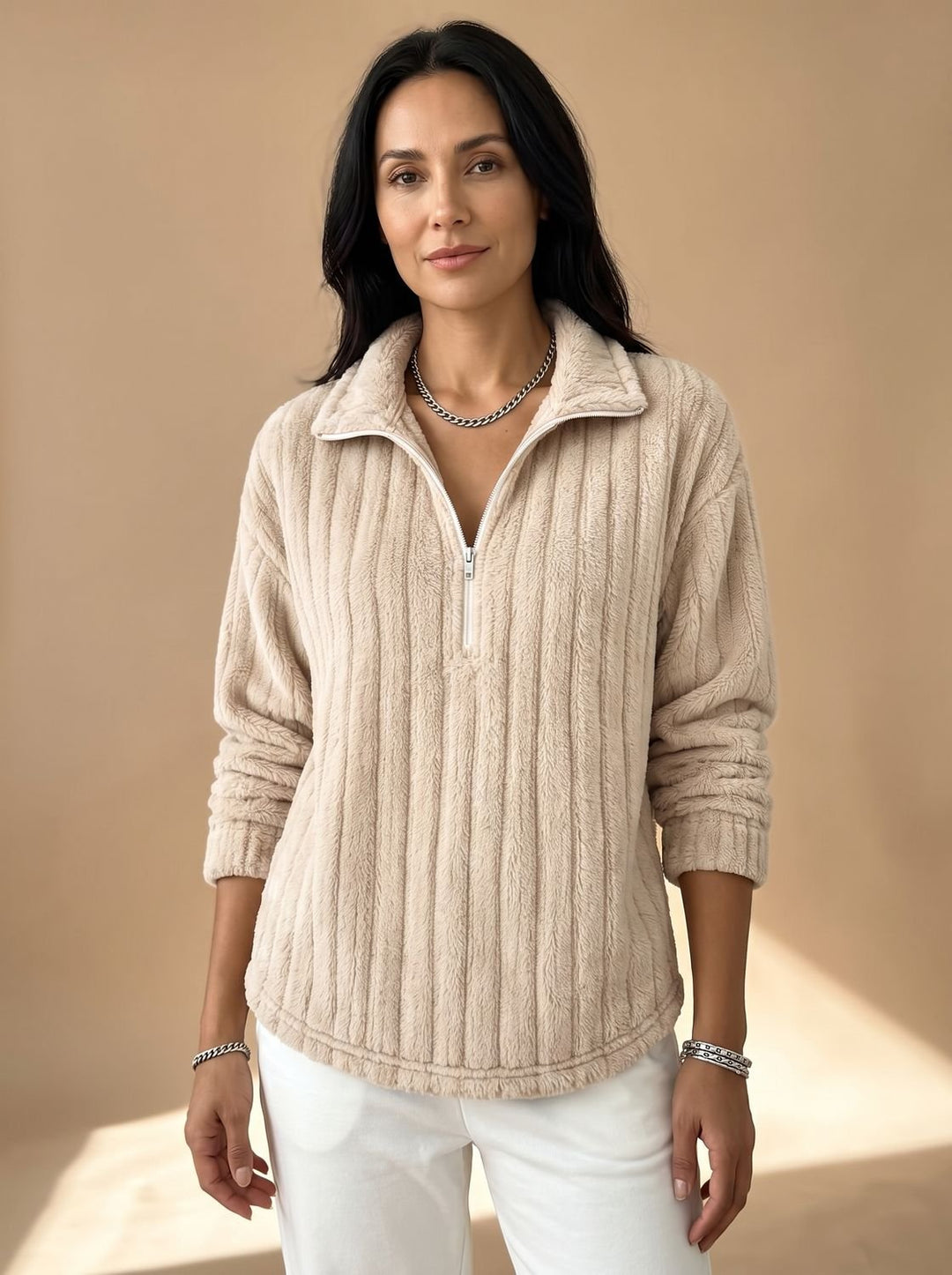 Women's Ribbed Plush Fleece Quarter-Zip Pullover Sweater - Apricot